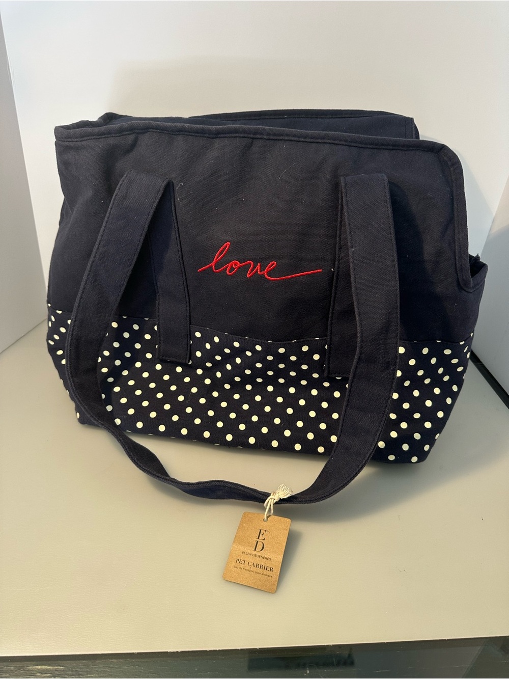 Ellen Degeneres blue & White Polka Dot Pet Carrier with Red 'Love' Stitch